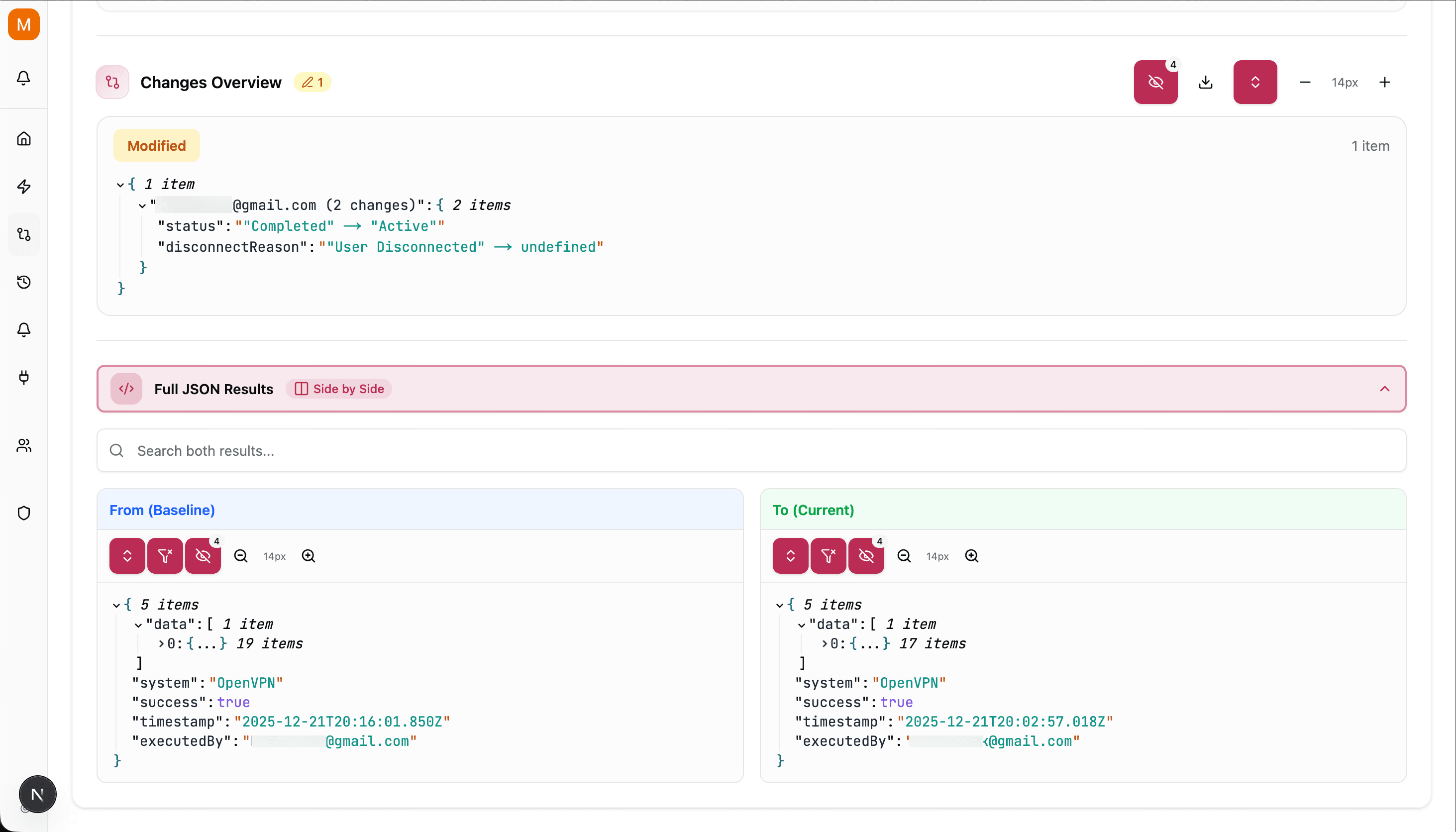PeelOps change detection showing side-by-side comparison of security configurations