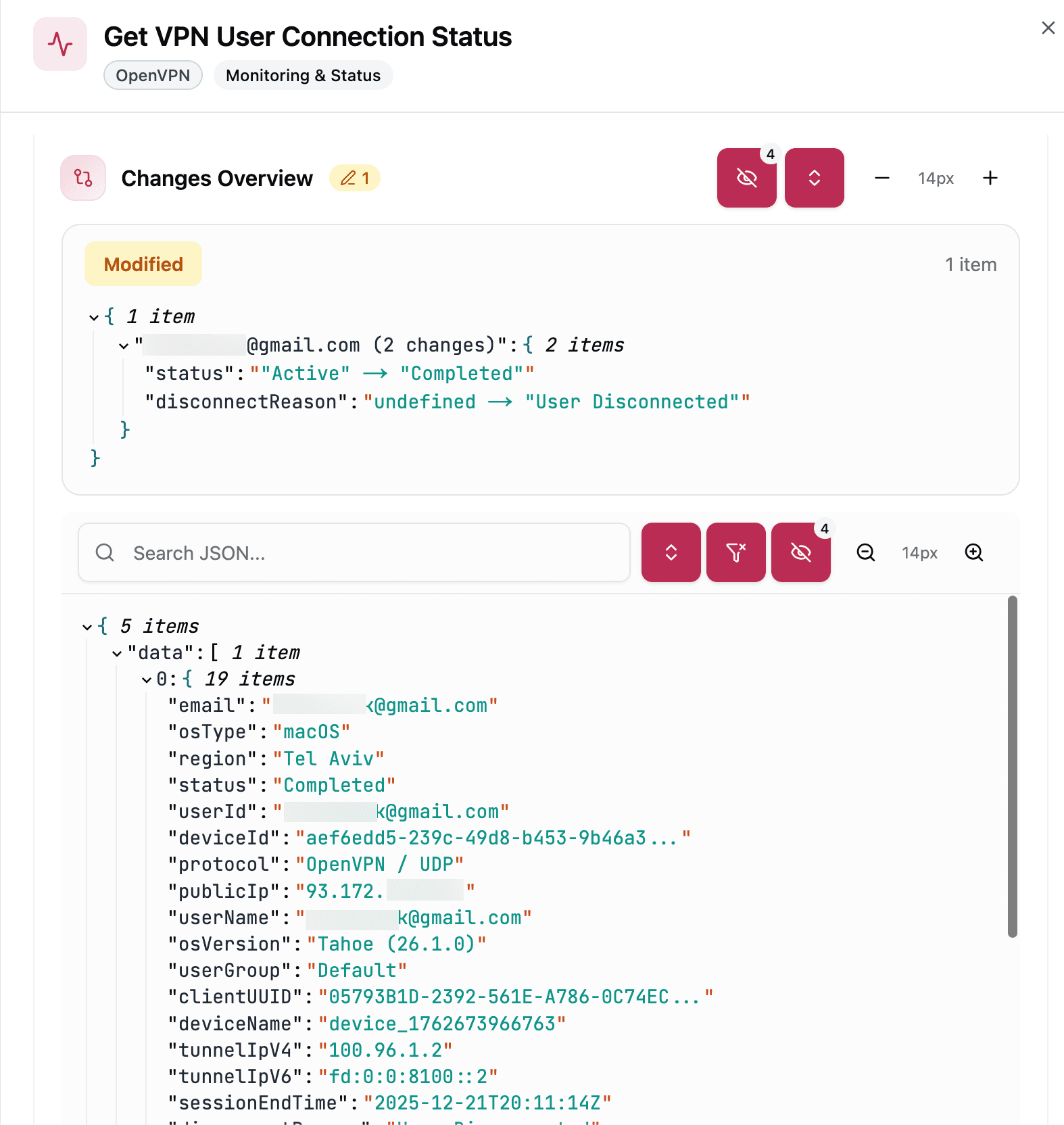 PeelOps command execution interface showing JSON results from security tools like CrowdStrike and Okta